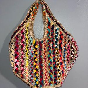 Jute multi color striped 2 strap hobo bag
